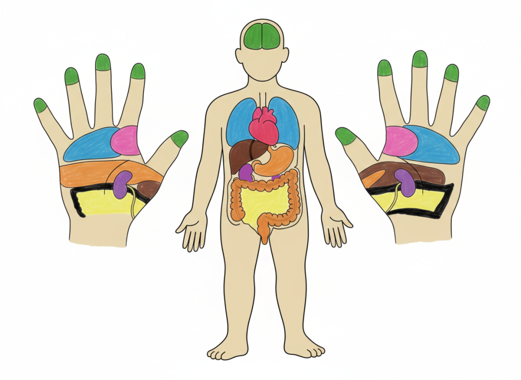 Réflexologie palmaire : Zones de correspondance